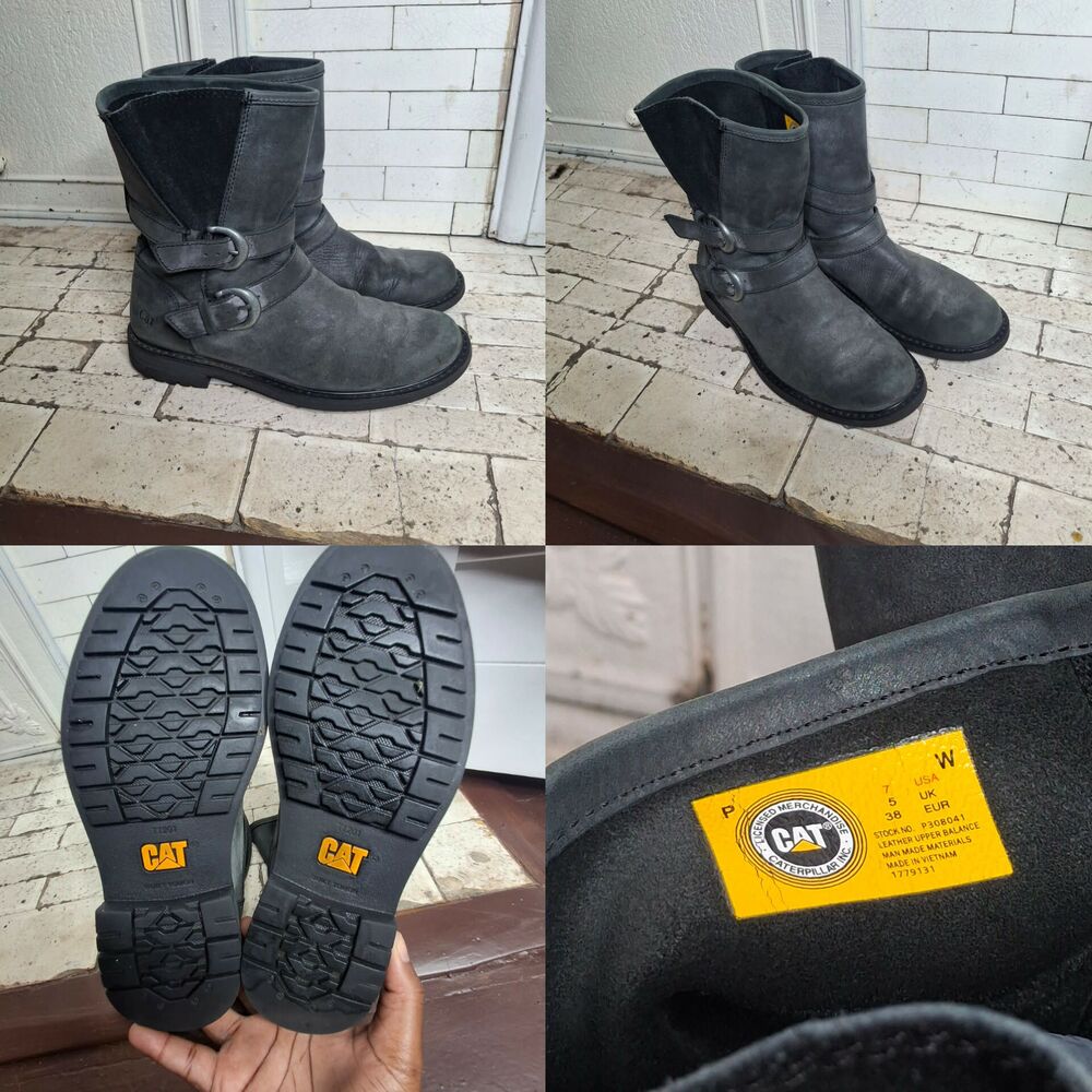 CAT Caterpillar Gray Leather Double Buckle Moto Biker Boots Size 7 UtilityGrunge